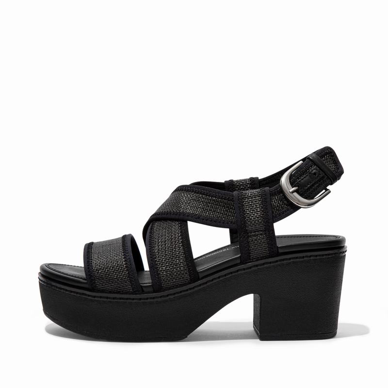 FitFlop Pilar Faux Raffia Polyester Schwarz - FitFlop Plateausandalen Damen Sale [ZQTE-23860]